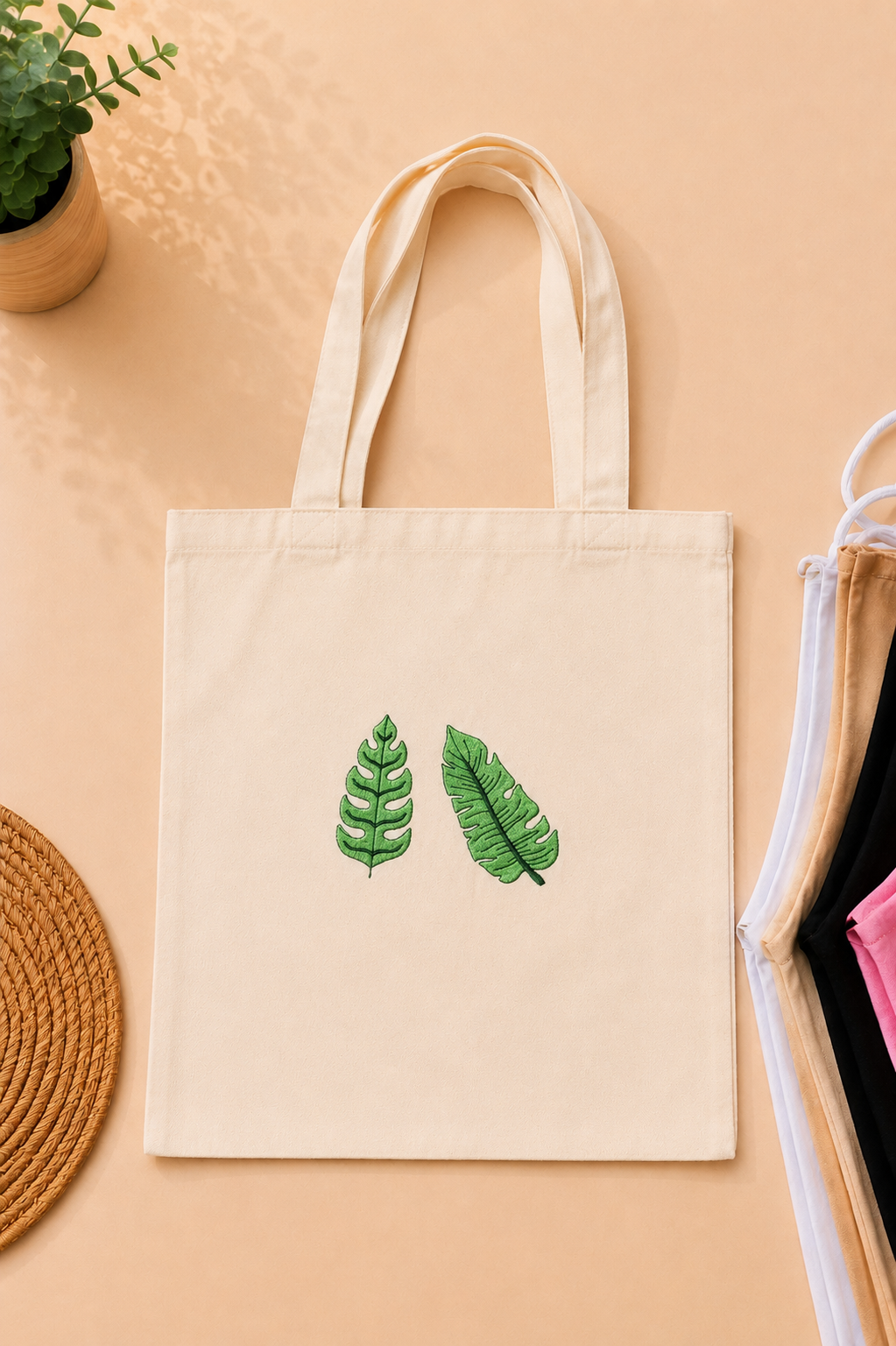 Tote Bag Brodé – Feuilles Tropicales