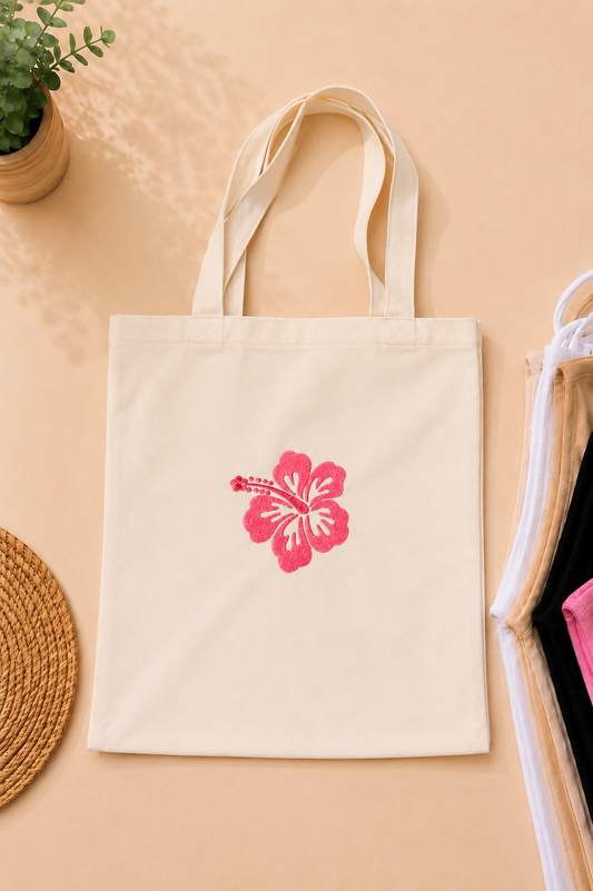 Tote Bag Brodé – Fleur d’Hibiscus